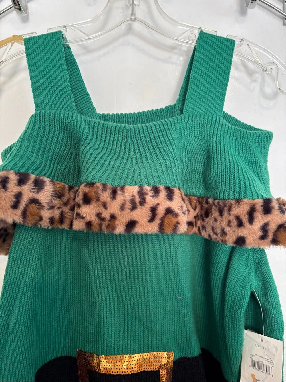 Holiday Time Green and Red Elf Dress with Leopard Trim